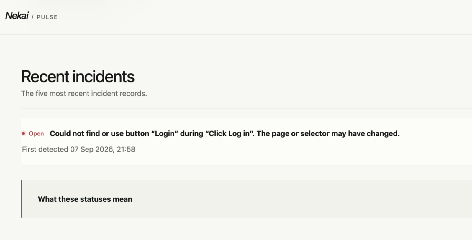 Pulse recent incidents list showing an open incident where a login button could not be found