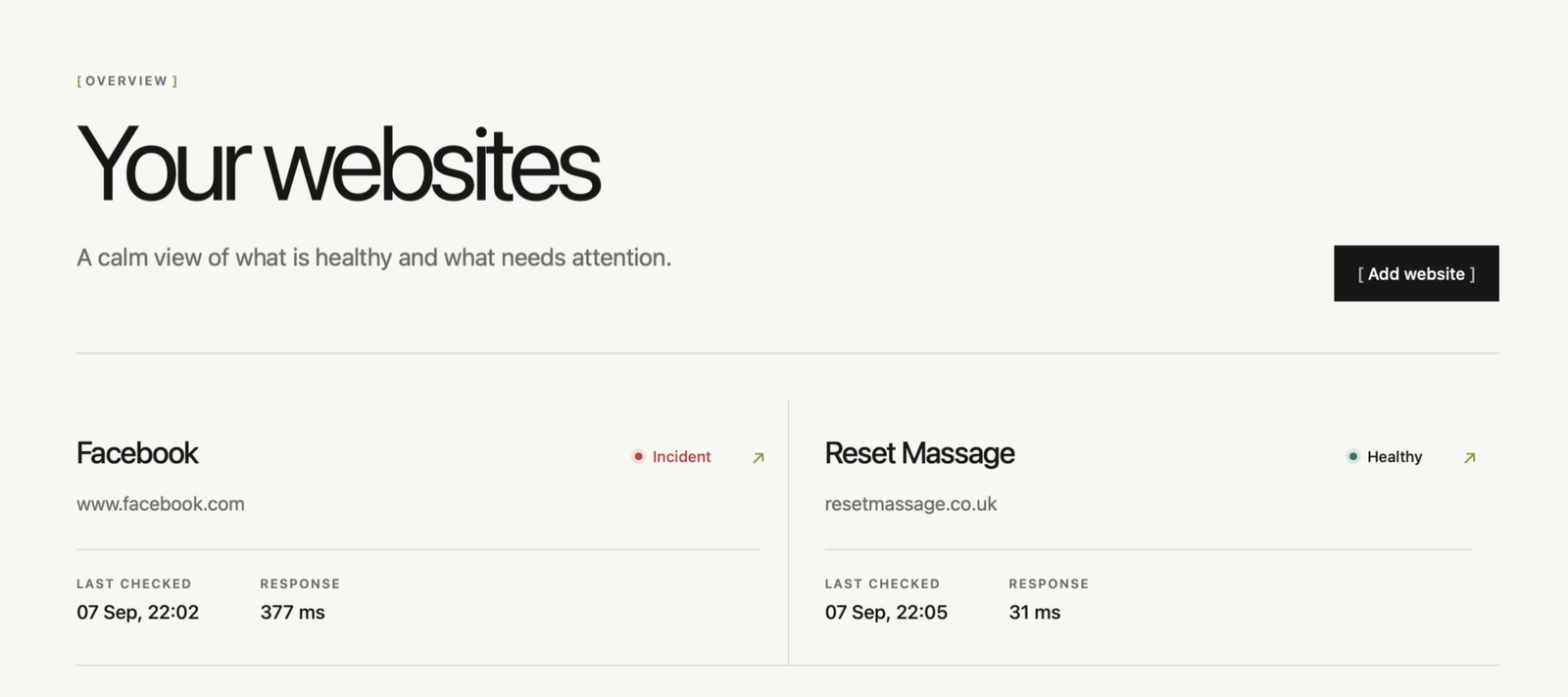 Pulse overview of monitored websites, with one showing an incident and another healthy