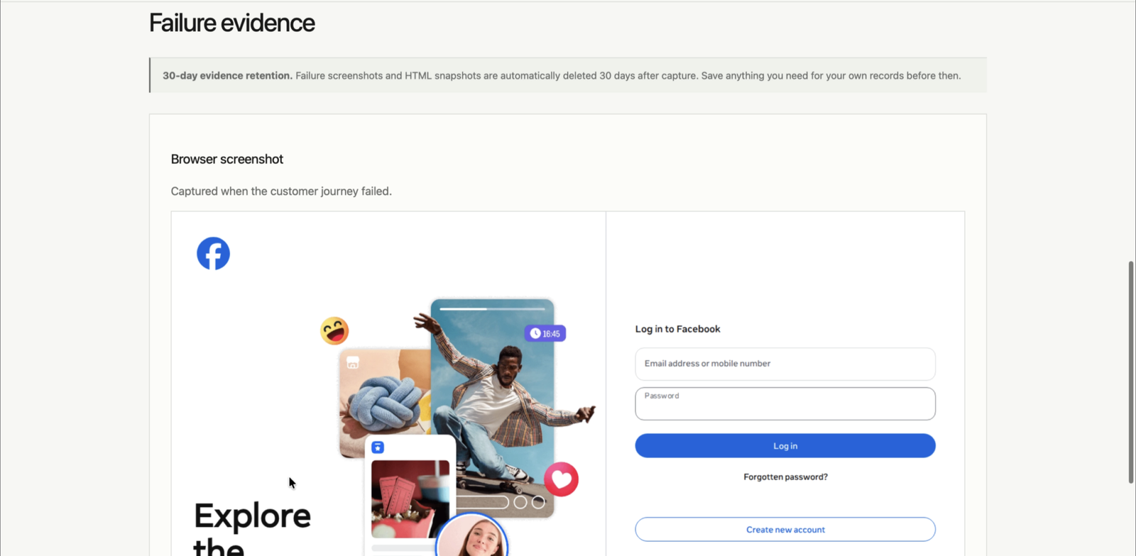 Pulse failure evidence showing the browser screenshot captured when a customer journey failed