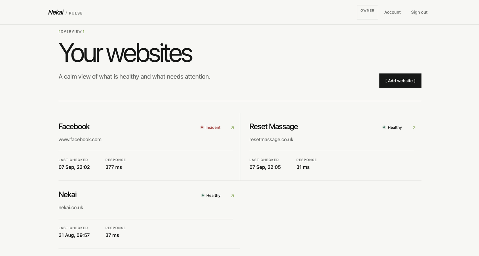 Pulse dashboard listing monitored client websites with their status, last check and response time