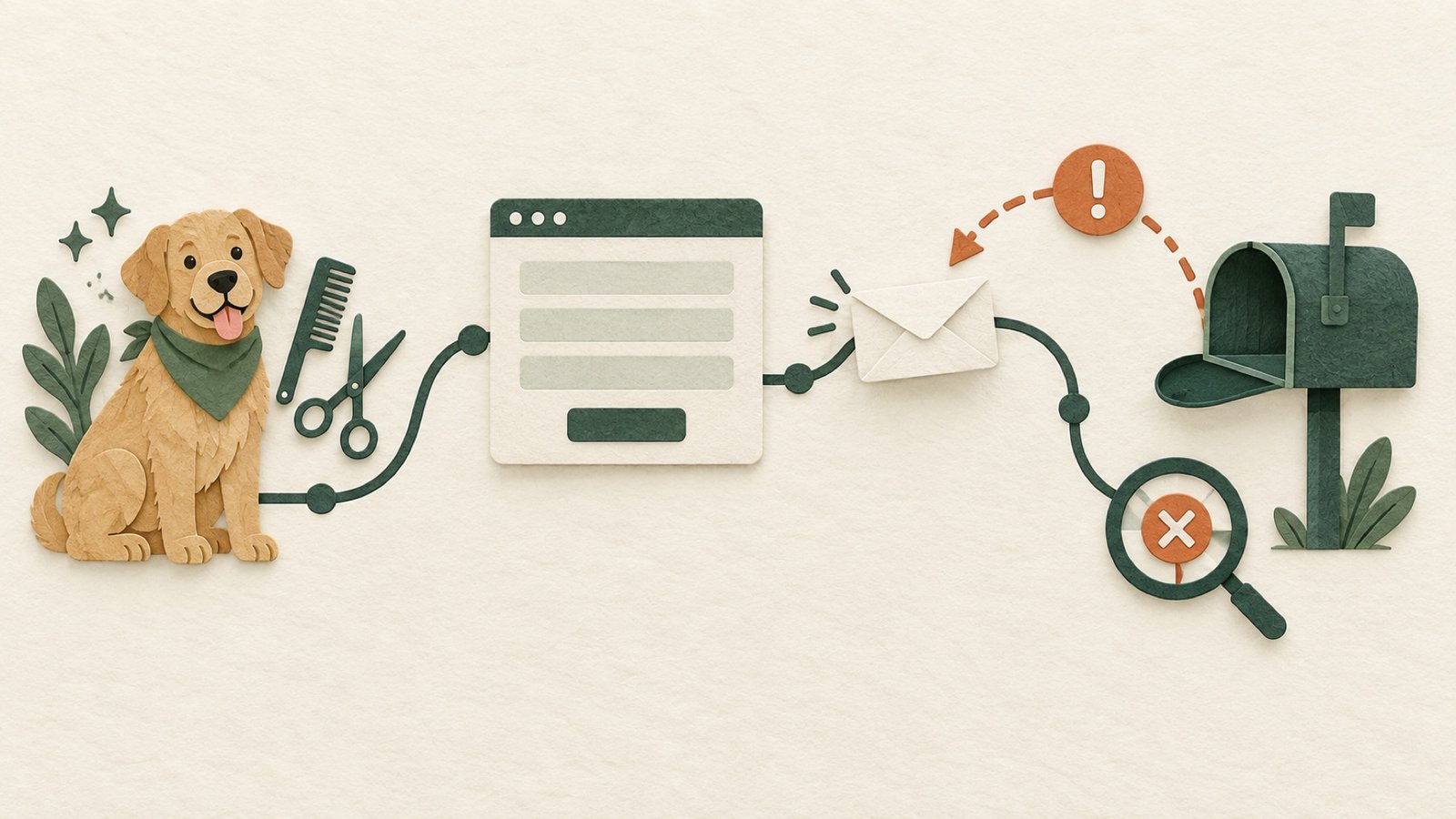 Paper-cut illustration of a dog grooming contact form with an email returning as undeliverable
