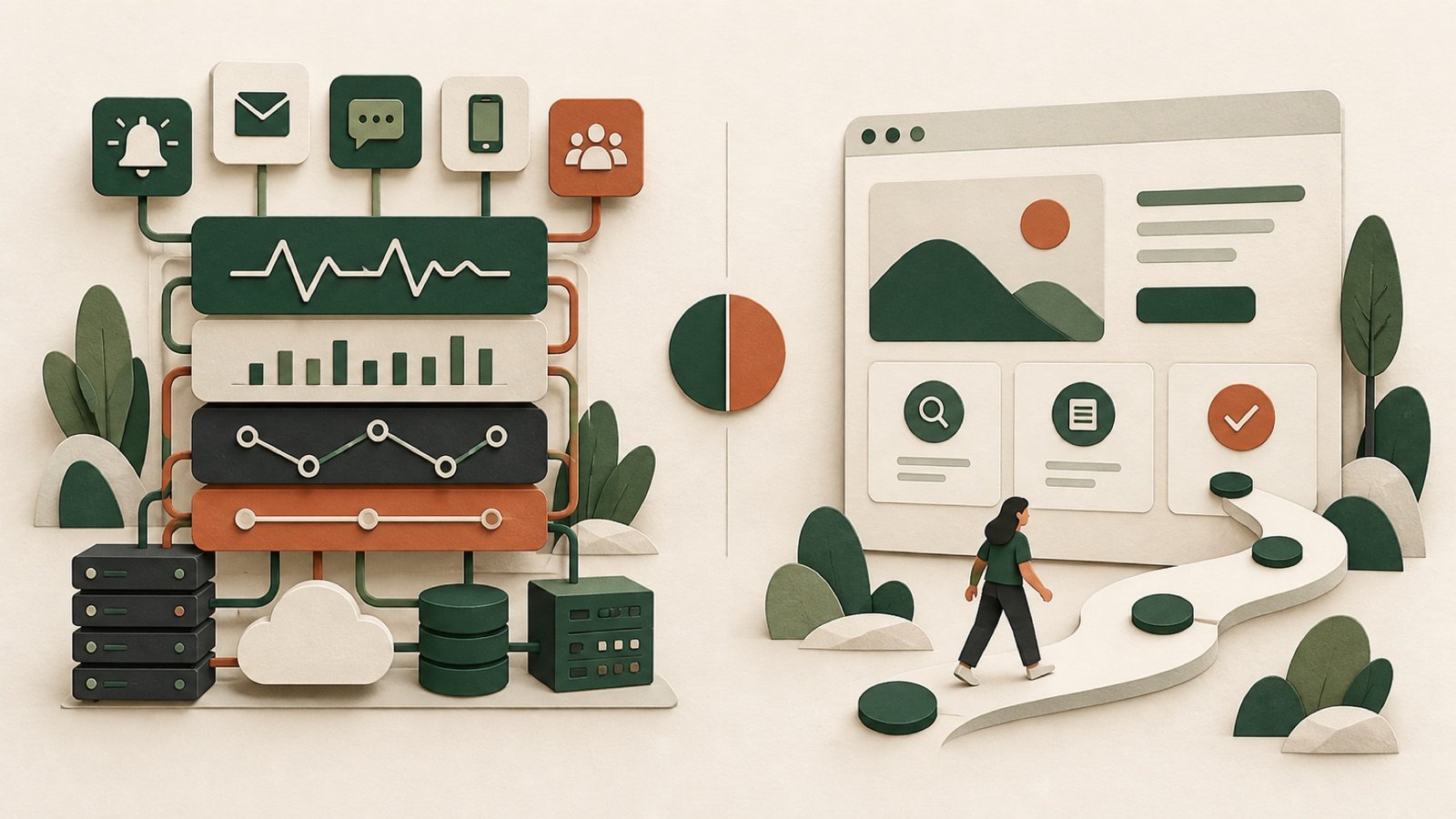 Illustration comparing a broad technical monitoring platform with a guided website customer journey