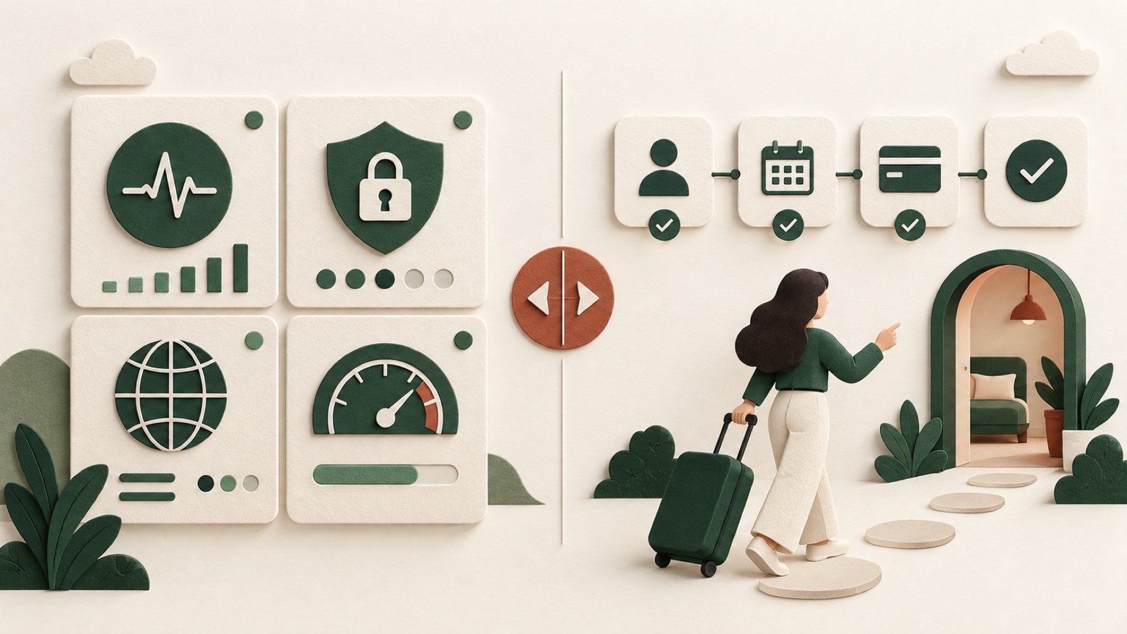 Illustration comparing website health indicators with a customer booking journey