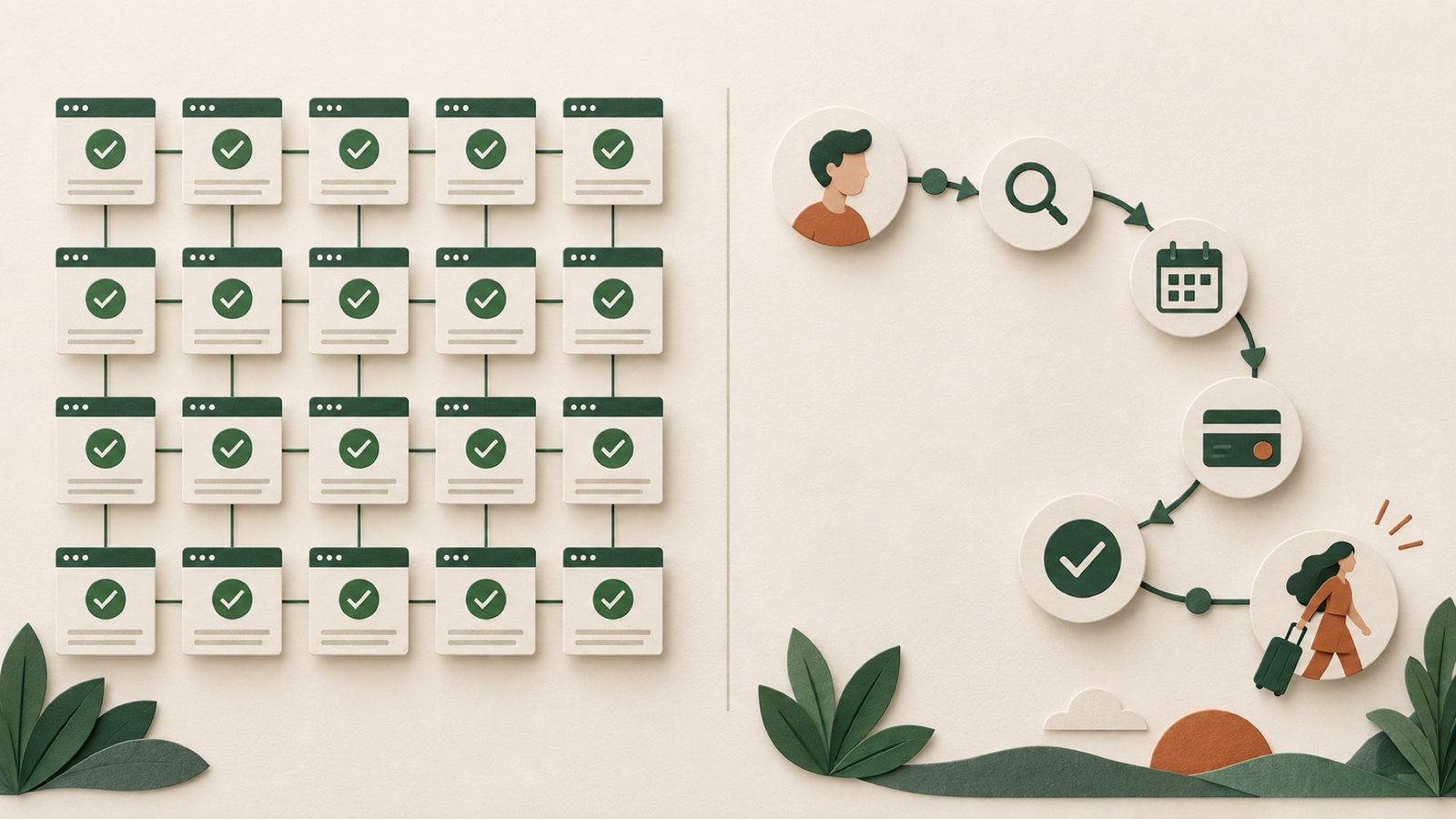 Illustration comparing a grid of uptime checks with a multi-step customer booking journey