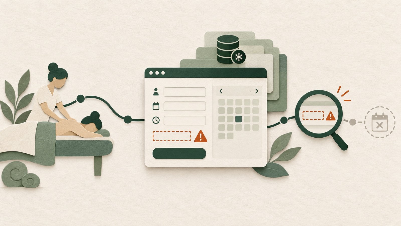 Paper-cut illustration of a massage booking form with a missing field detected by website monitoring